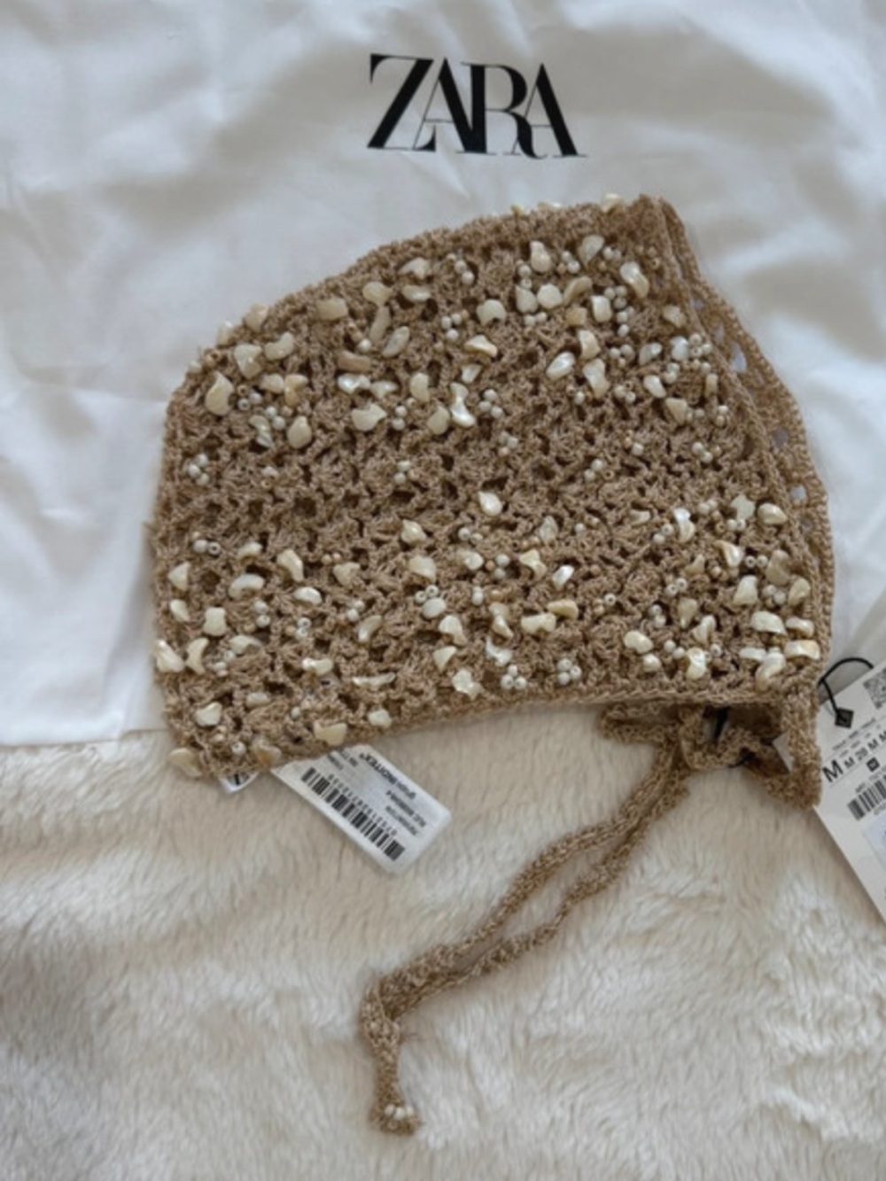 ZARA Embellished cream Crochet Shell motherpearl 🐚 Bonnet- one size- NWT